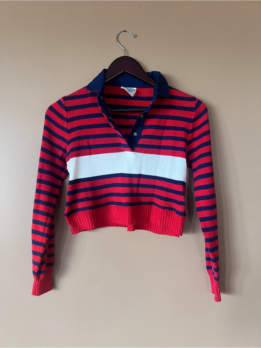 Vintage Red and Navy Striped Cropped Polo Sweater with White Stripe